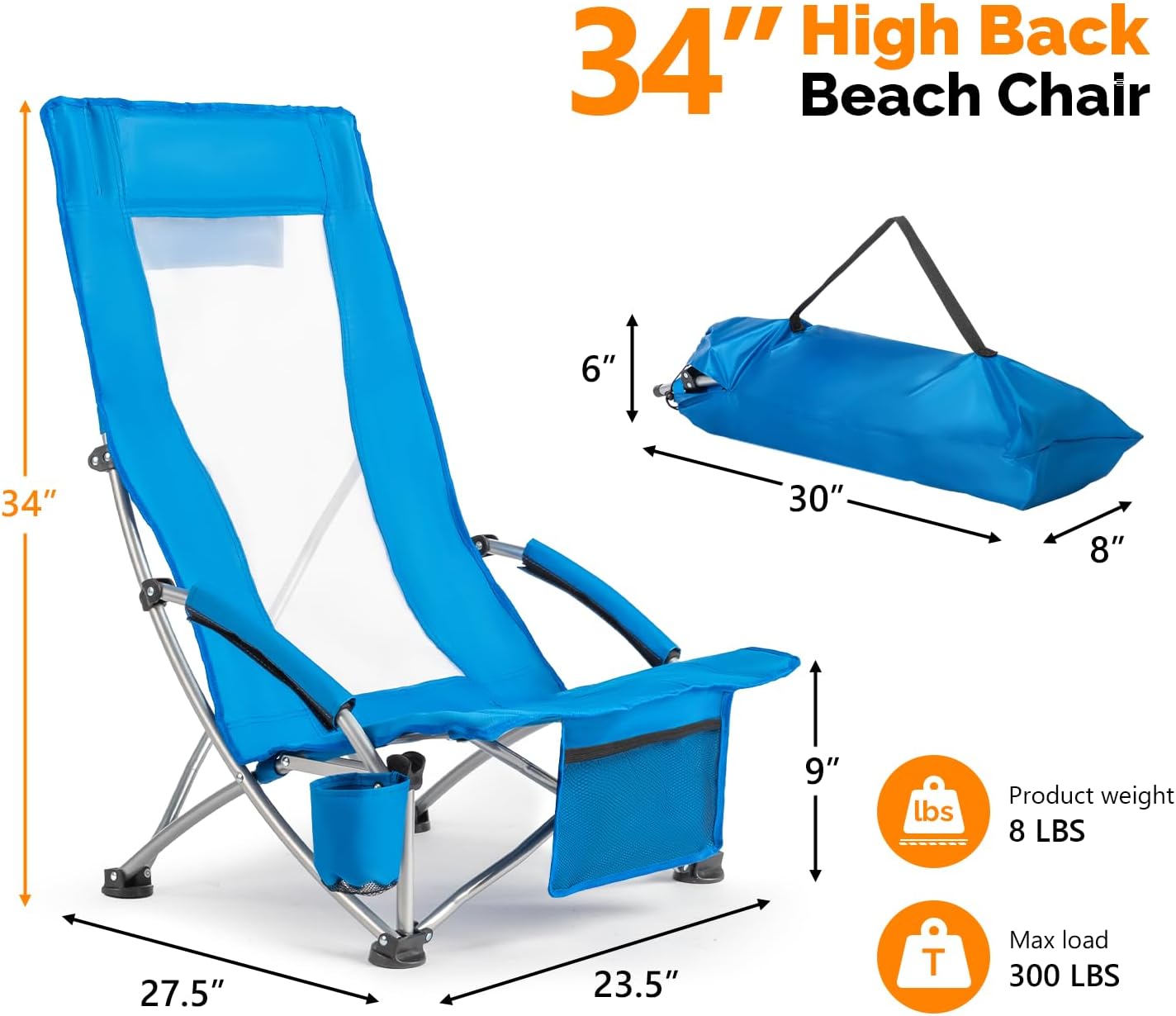 VINGLI Low Beach Chairs - High Back Portable Folding Chairs with Carry Bag | 2-Pack for Camping & Picnics