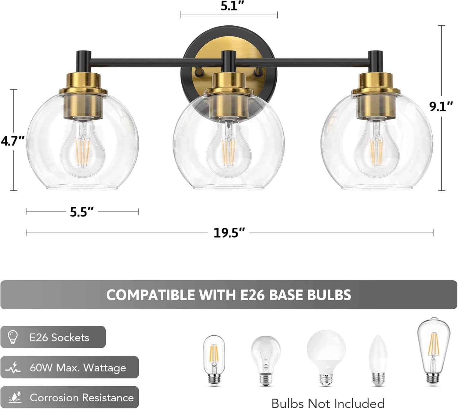 3-Light Vanity Bathroom Light Fixture with Globe Glass Shades - Brushed Nickel, ETL Certified