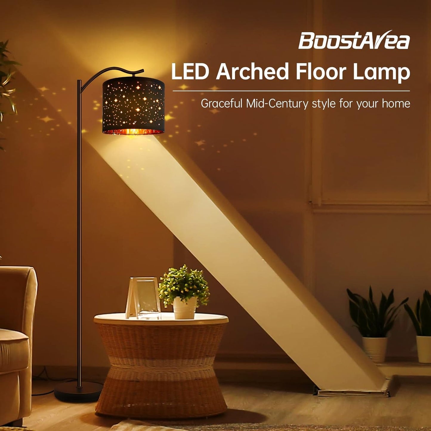 Modern LED Floor Lamp with Bohemian Linen Shade – Arched Tall Standing Light for Living Room & Bedroom
