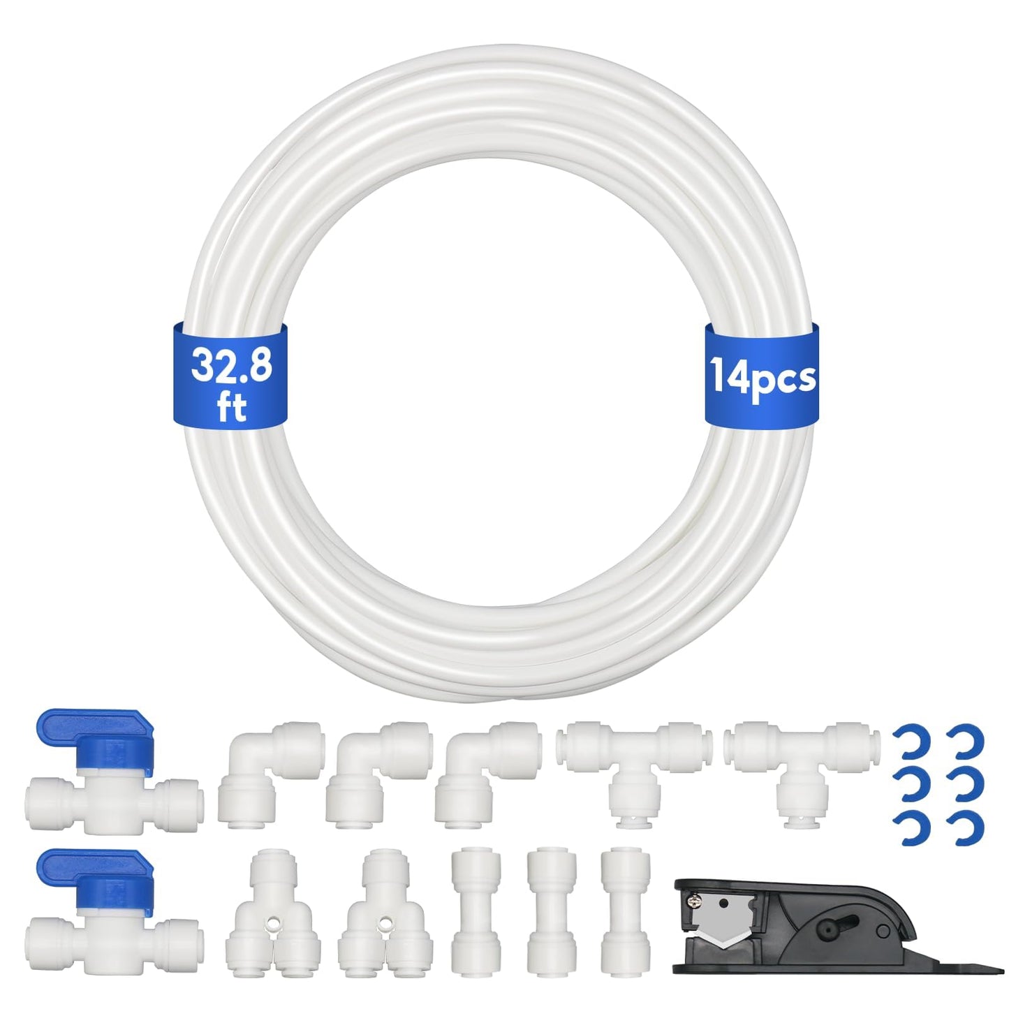 Water Line Kit, Lifevant 1/4” O.D. Water Tubing 32.8FT for R.O. System and ice Maker with 12-PCS Quick Connect and Tubing Cutter