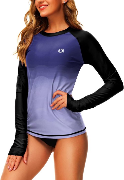 Deerose Women's Gradient Rash Guard - UPF 50+ Surfing Swim Shirt with Thumb Hole