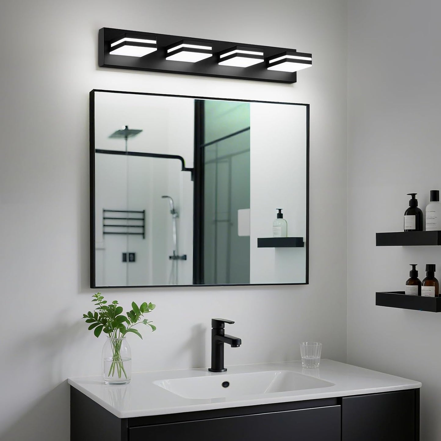 3-Light Modern LED Bathroom Vanity Light Fixture - Black Metal & Acrylic, 16-inch Over Mirror Lighting