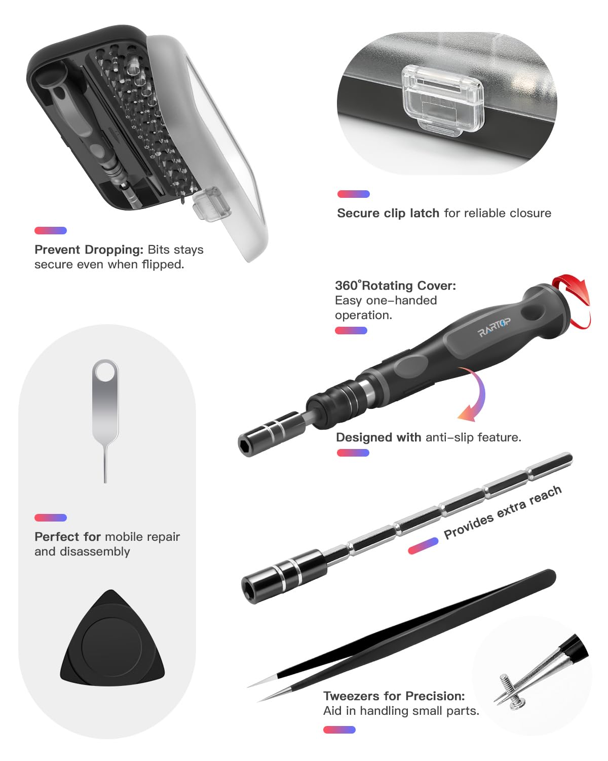 RARTOP Precision Screwdriver Set - 48 in 1 screwdriver bit set Magnetic Small Screwdriver Set with Case, mini screwdriver set for Computer, Laptop, iPhone, MacBook, PC, Game Console, Eyeglass(48-IN-1)