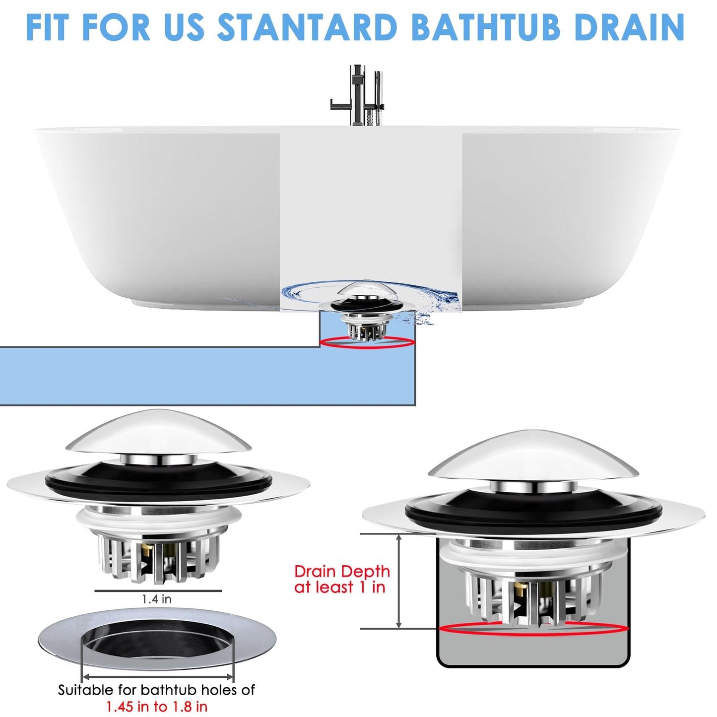 BAOLSLS Bathtub Drain Stopper, Pop Up Tub Drain Hair Catcher, Bath Tub Drain Plug and Cover for 1.45-1.8in Drain Hole, Replaces Lift and Turn, Tip Toe or Trip Lever, Silver