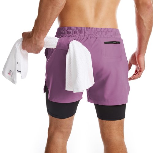 Surenow Mens 2 in 1 Running Shorts Quick Dry Athletic Shorts with Liner, Workout Shorts with Zip Pockets and Towel Loop Purple