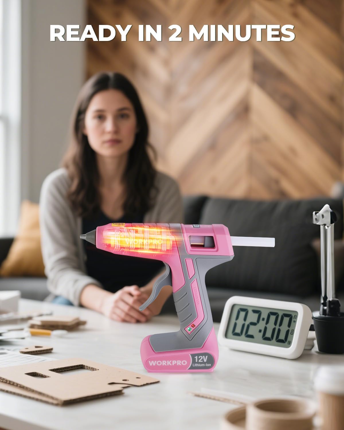 WORKPRO 12V Cordless Hot Melt Glue Gun Kit with 15 Glue Sticks - Fast Preheating, Auto Power-Off for DIY Crafts - Pink Ribbon