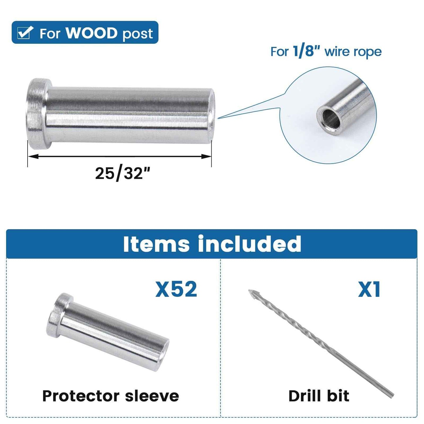 Muzata 50 Pack 1/8" Cable Railing Protector Sleeves T316 Stainless Steel Protective Sleeves Deck Cable Railing Hardware Kit with 2 Spare for Wood Posts CR13