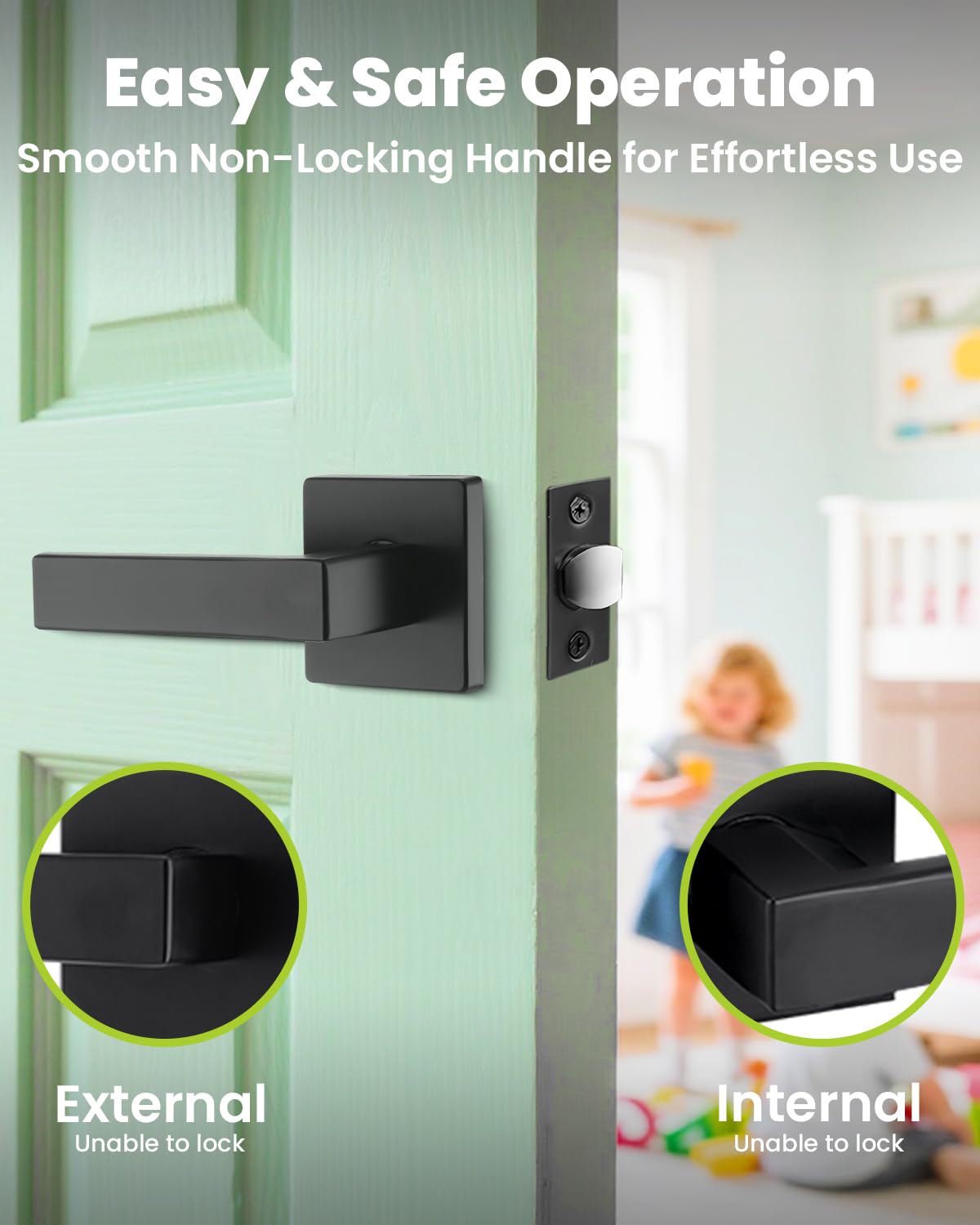 MENDOCK Passage Door Lever Dummy GreenShield Exterior Interior Door Handle for Hallway Closet Heavy Duty Non-Locking Lever Sets No Key Door Knob for Right Left Handed Door (1 Pack, Matte Black)