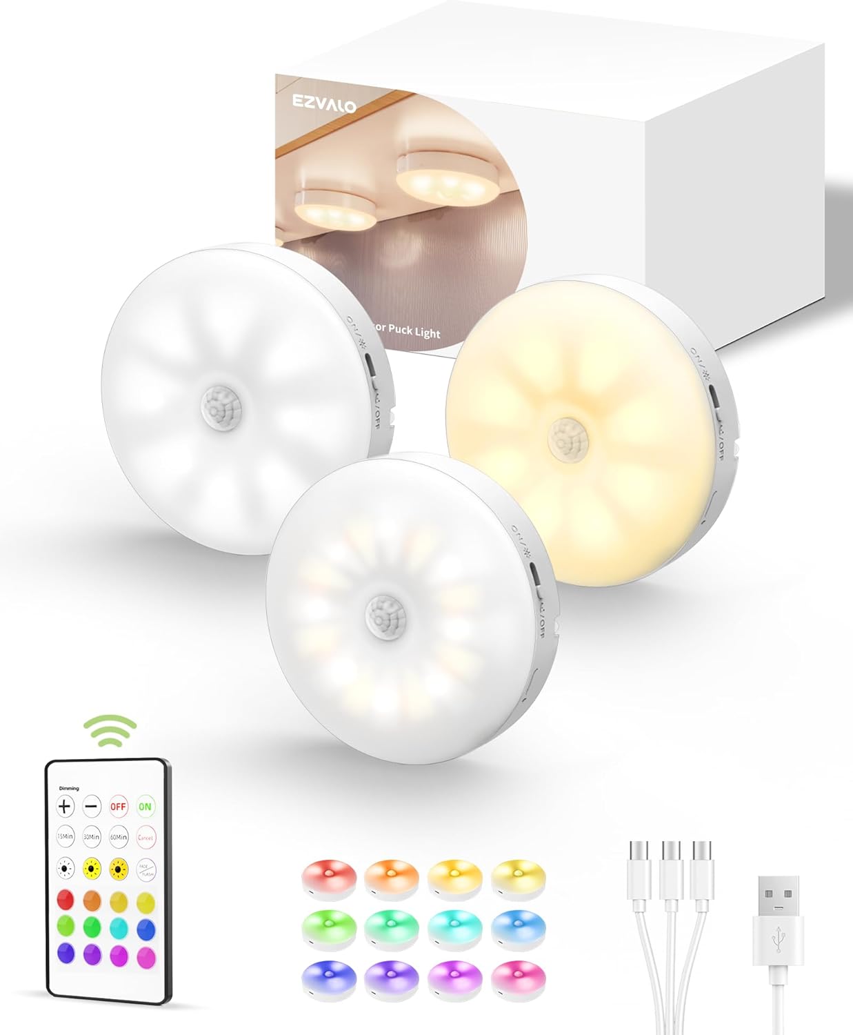 Rechargeable Under Cabinet Puck Lights with Remote - Dimmable RGB & 3 Color Temps (6 Pack)