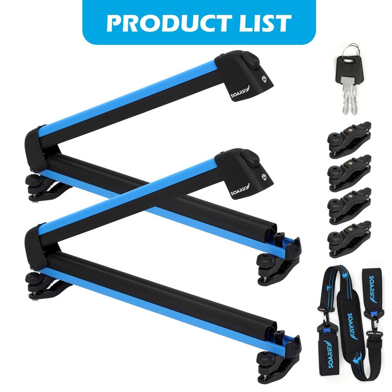 SOARIFY Multi-Purpose Alumium Blue Ski Rack with ski Strap Carrier, Roof Holder Carrier for Skis, Snowboards, Fishing Rods, Paddles, Skateboards, Wakeboard, Universal Mounting, Locking, Heavy Duty