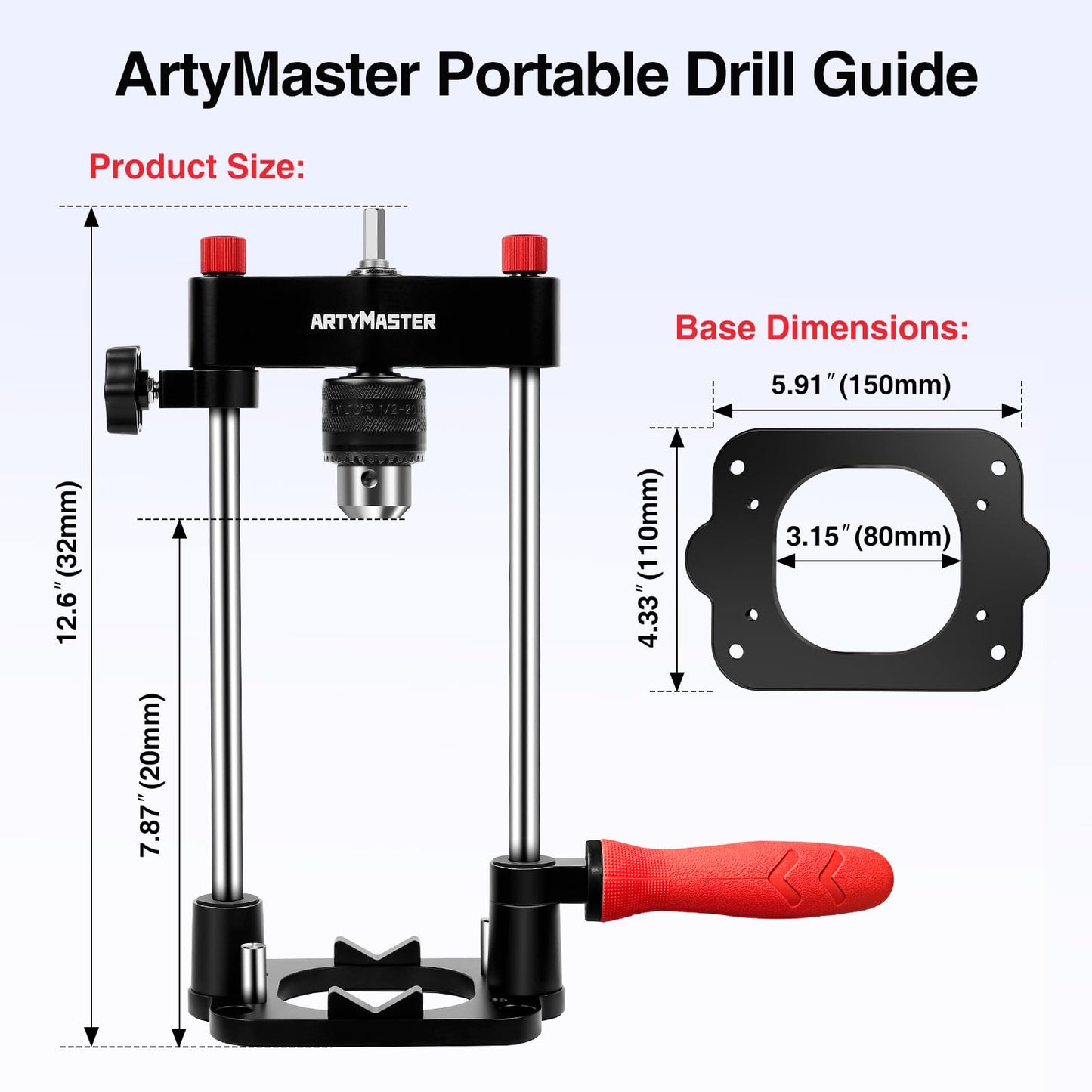 ArtyMaster Portable Drill Guide for Straight Holes, Portable Drill Press Adapter for Hand Drill, Stable & Accurate, Includes Chuck Key, Drill Straight Hole Jig for Woodworking, DIY WT116A