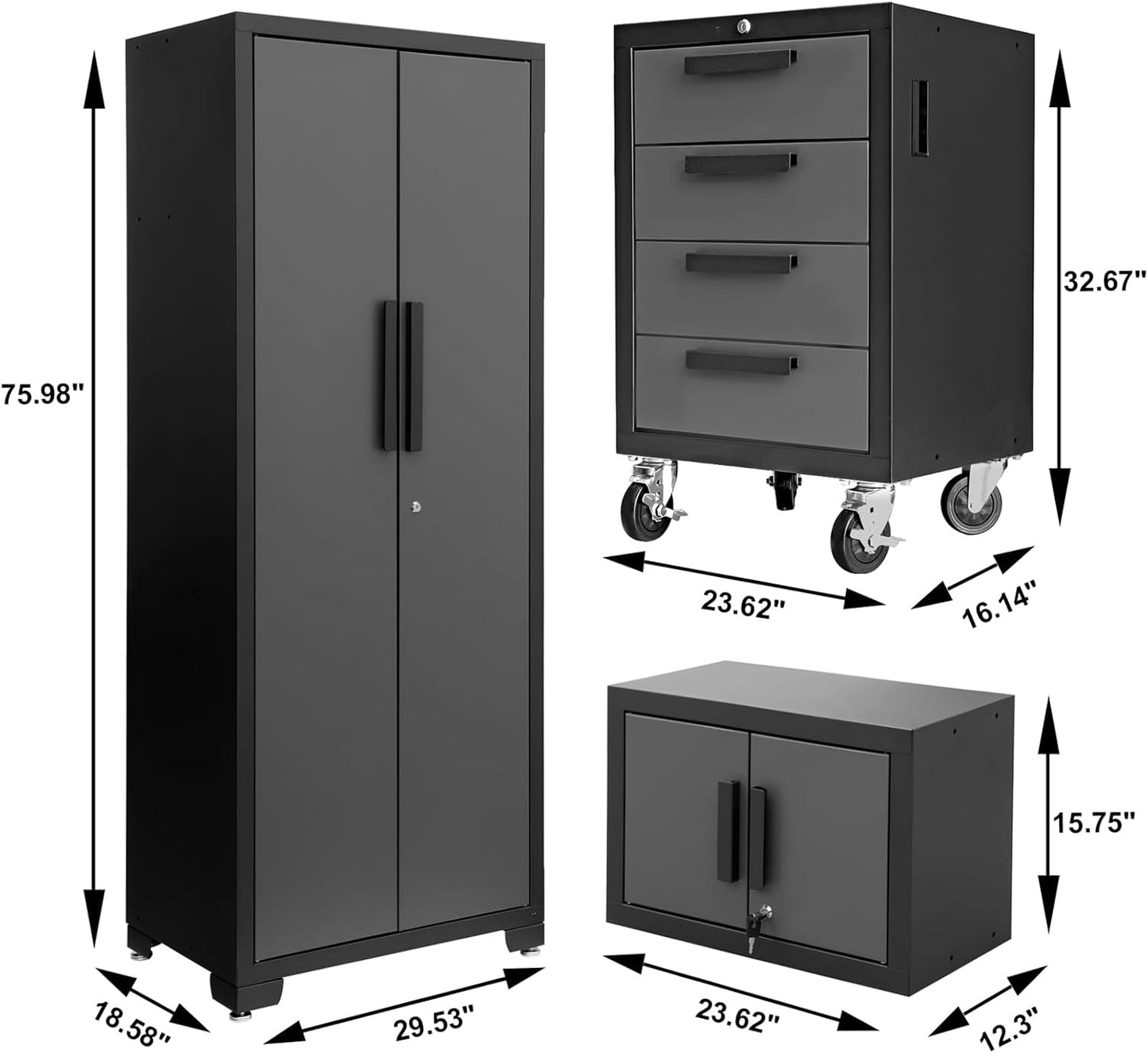 Torin Garage Storage Cabinet Set - 6-Piece Tool Organizer with Lockers & Shelves - 76.8" L x 18.5" W x 75.79" H - Black/Grey