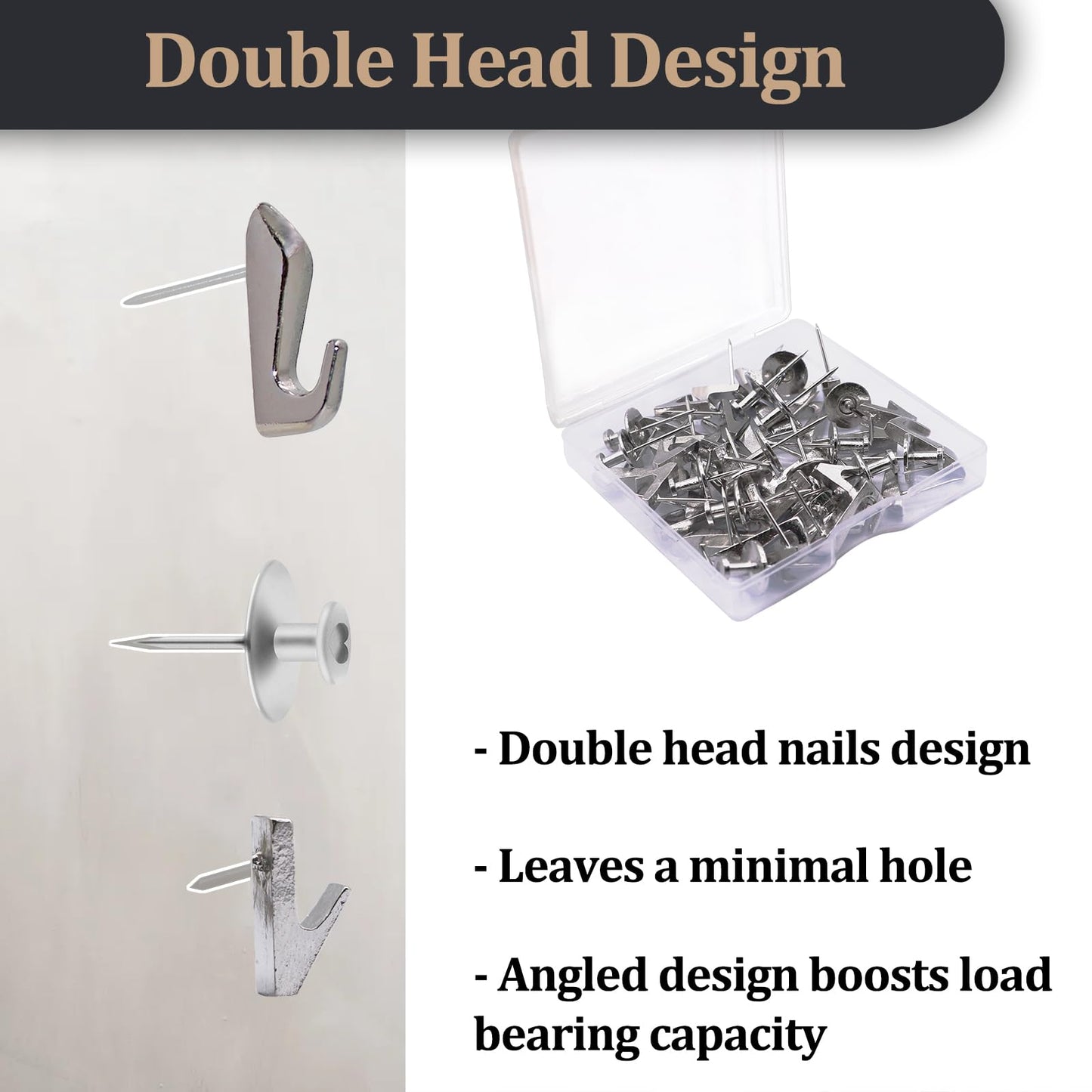 Picture Hanging Nails, 45 Pack Double Headed Push Pins Wall Thumb Tacks for Drywall , Art, Posters, Photos, Hanging Kit with Nails & Hooks