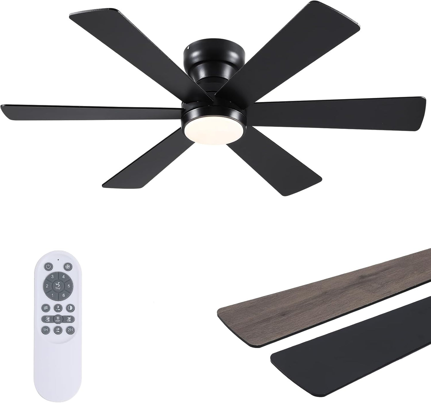 46” Black Low Profile Ceiling Fan with Lights & Remote Control - Dimmable, Noiseless, Reversible for Bedroom