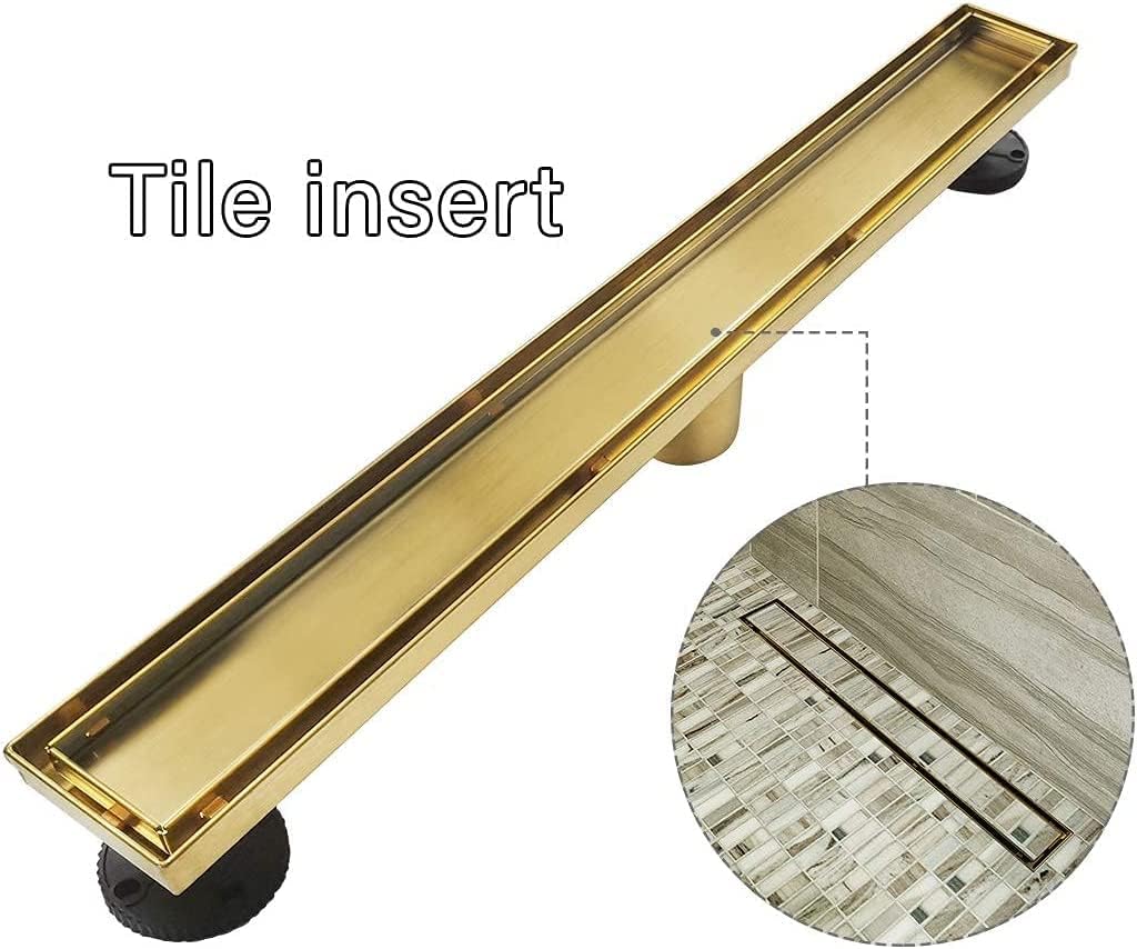 Neodrain 18-Inch Gold Linear Shower Drain - Brushed Brass, Tile Insert Cover & Hair Strainer