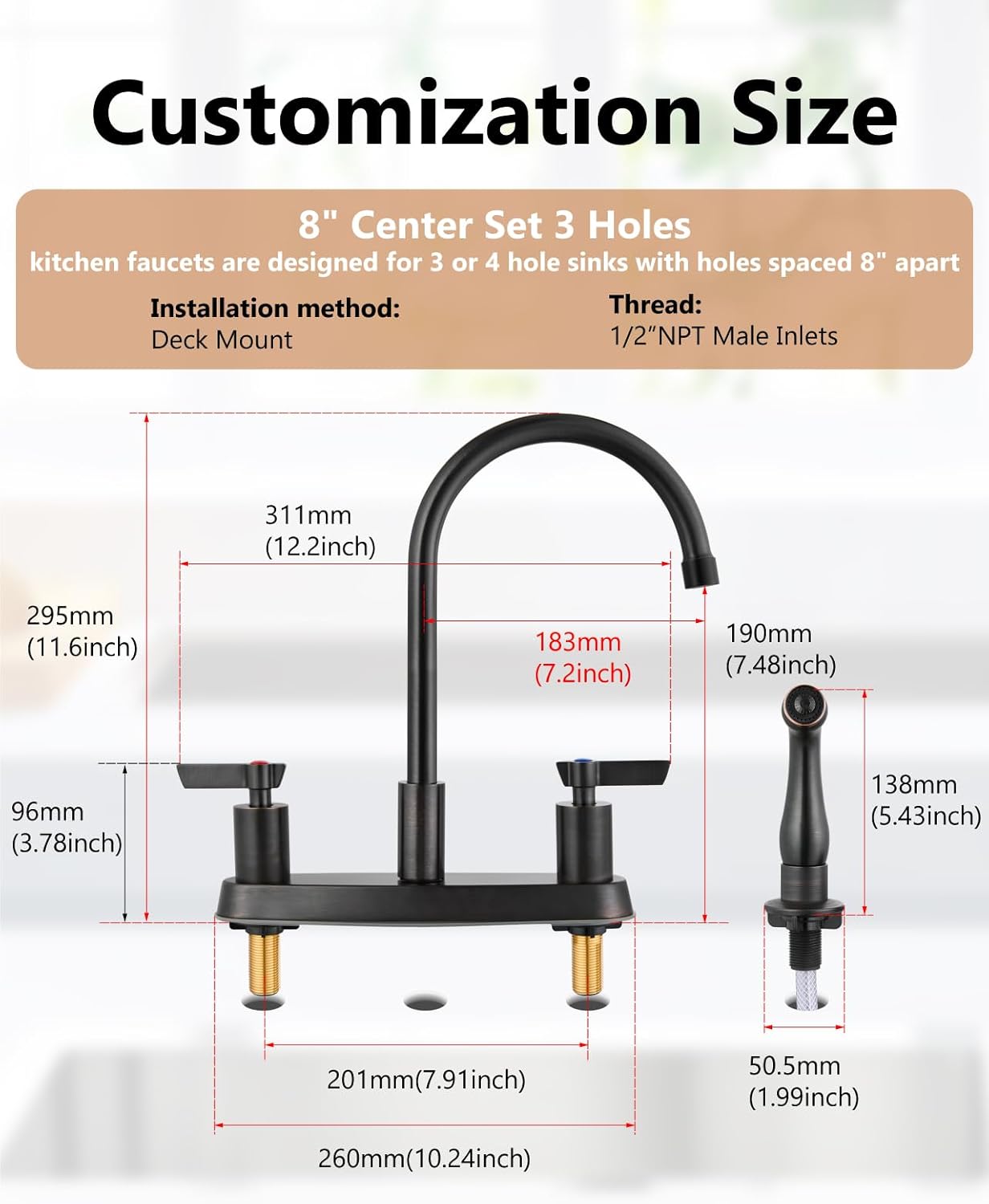 Brushed Nickel Kitchen Faucet with Sprayer - 2 Handle 8-Inch Centerset 3 Hole