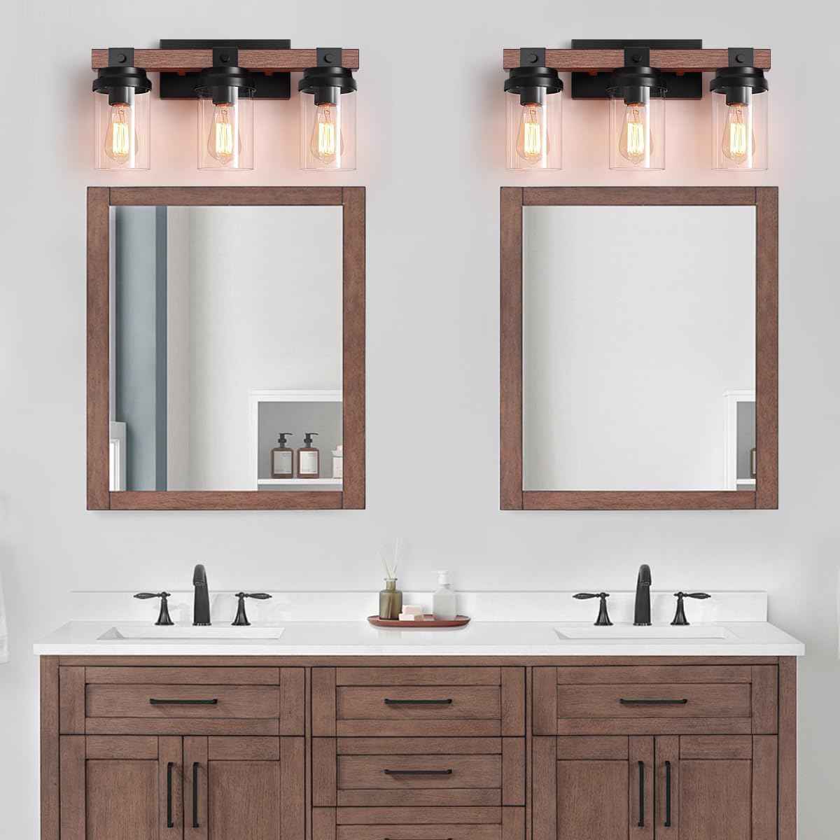 Farmhouse 2-Light Vanity Lights for Bathroom - Rustic Black Wood & Glass Sconces