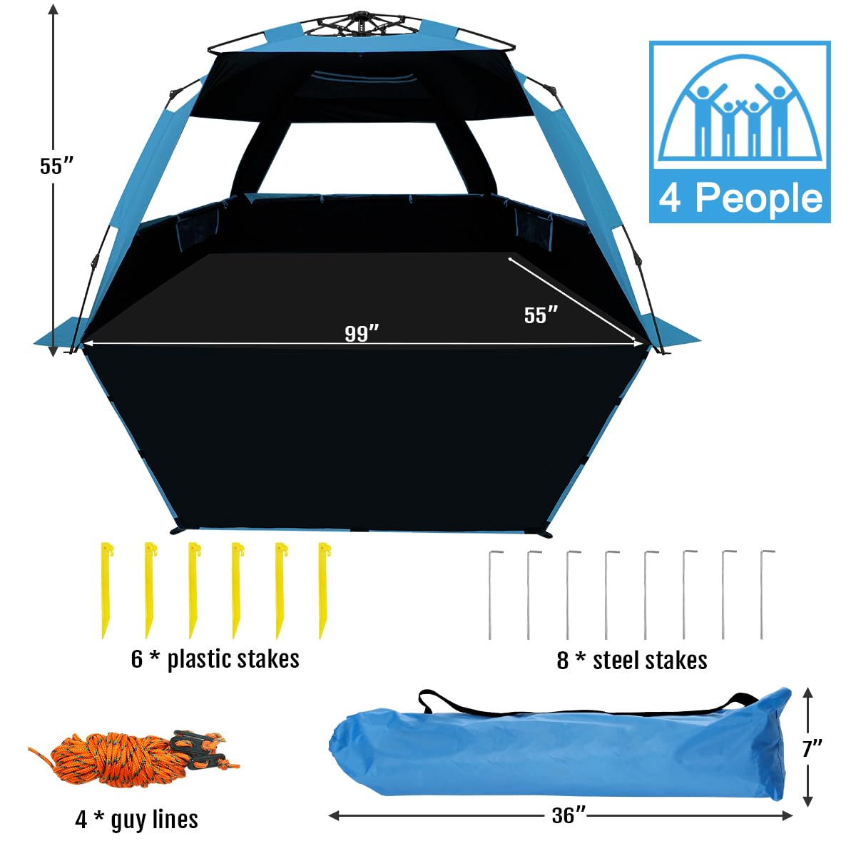 WhiteFang XL Pop Up Beach Tent Sun Shade Shelter for 3-4 Person with Blackout Shelter, UV Protection, Extendable Floor with 3 Ventilating Windows Plus Carrying Bag, Stakes, and Guy Lines (Solid Blue)