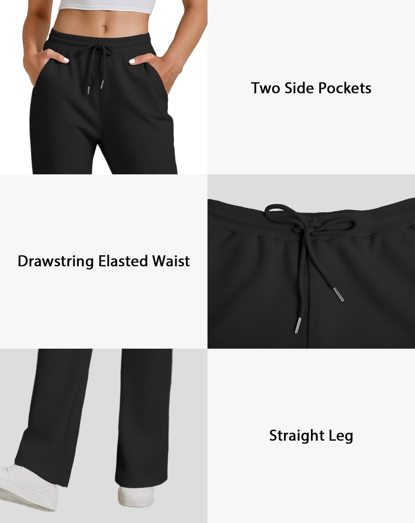 JEKAOYI Womens Drawstring Sweatpants, High Waisted Lightweight Lounge Straight Leg Casual Pants with Pockets Black