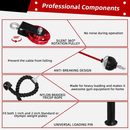 SUNMEG LAT Pulldown and Lift Weight Pulley System Cable Machine Fit Olympic 2 inch Attachments for Triceps Pull Down, Biceps Curl, Back, Forearm, Shoulder Home Gym Muscle Training Equipment