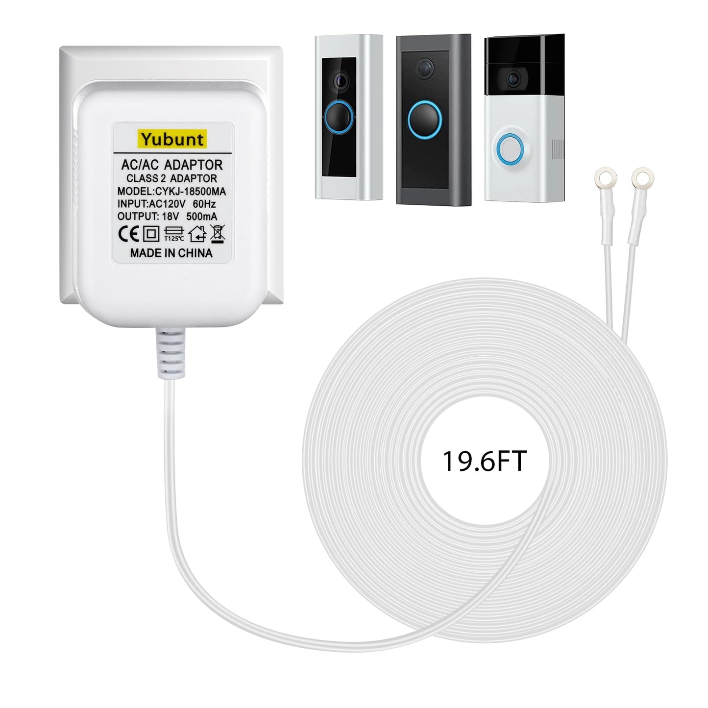 18V 500mA Doorbell Transformer, Video Doorbell Power Adapter Compatible with Nest, Wyze, Eufy, Ring, and Arlo Wireless Video Doorbells. White-1Pcs (19.6Ft Power Cord)