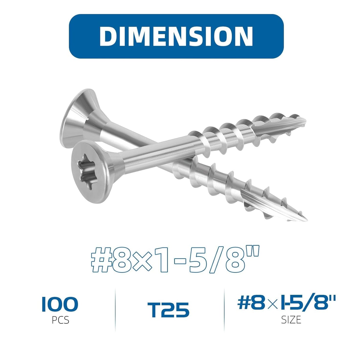 WELLOCKS Deck Screws 304 Stainless Steel #8×1-5/8" 100 PCS with T25 Star Torx Drive Flat Head Wood Screws High Corrosion Resistance for Outdoor Wood Fence(SS8158A)
