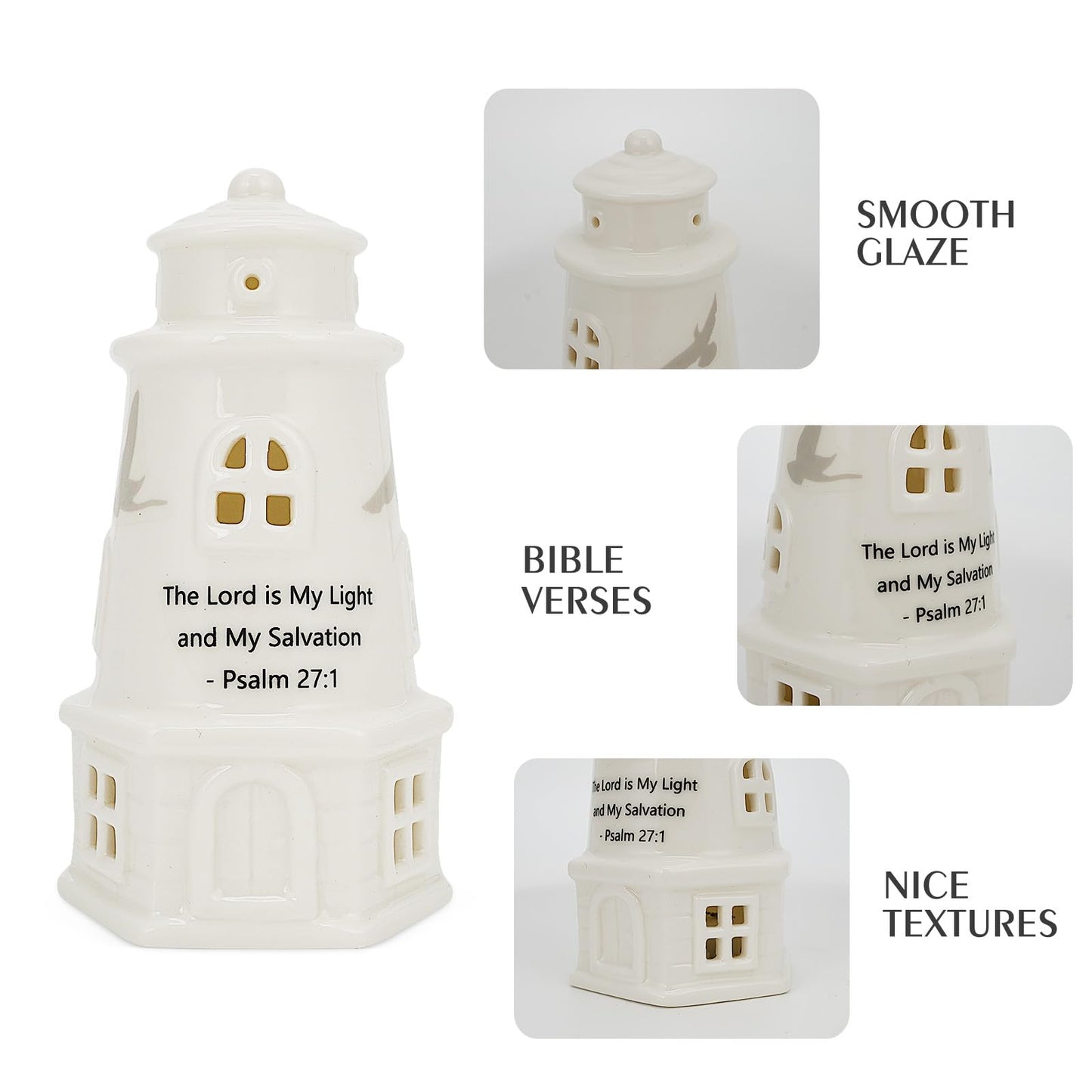 ROSYCOUD White Ceramic Lighthouse with Bible Verses - Psalm 27:1 Christian Light House Decor Statue Lamp, Faith Based Baptism Encouragement Spiritual Religious Gifts for Women