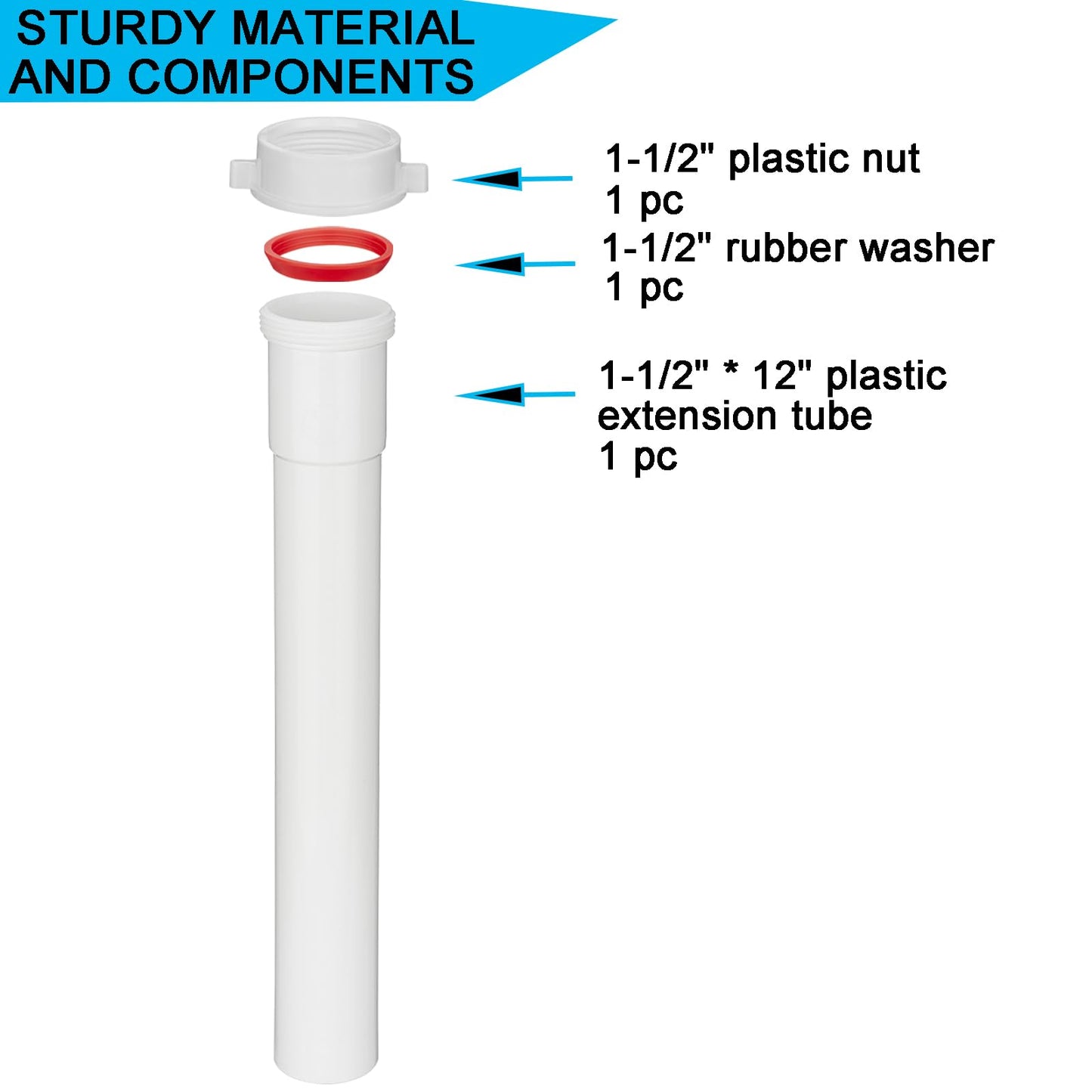 (1 Pack) Yariwiz White Sink Drain Extension Thread Pipe1 1/2 Inch x 12 inch Length for Kitchen Sink Drain Pipe Tubular KSD-005W