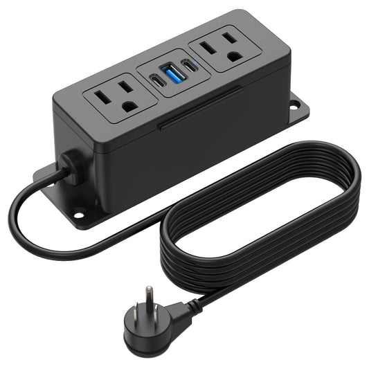 CCCEI Mountable Power Strip with 2 Outlets and 20W USB C, USB A Ports, Under Desk, Desktop, Wall Screw Mount, Phone Holder, 6 FT Flat Plug Extension Cord.