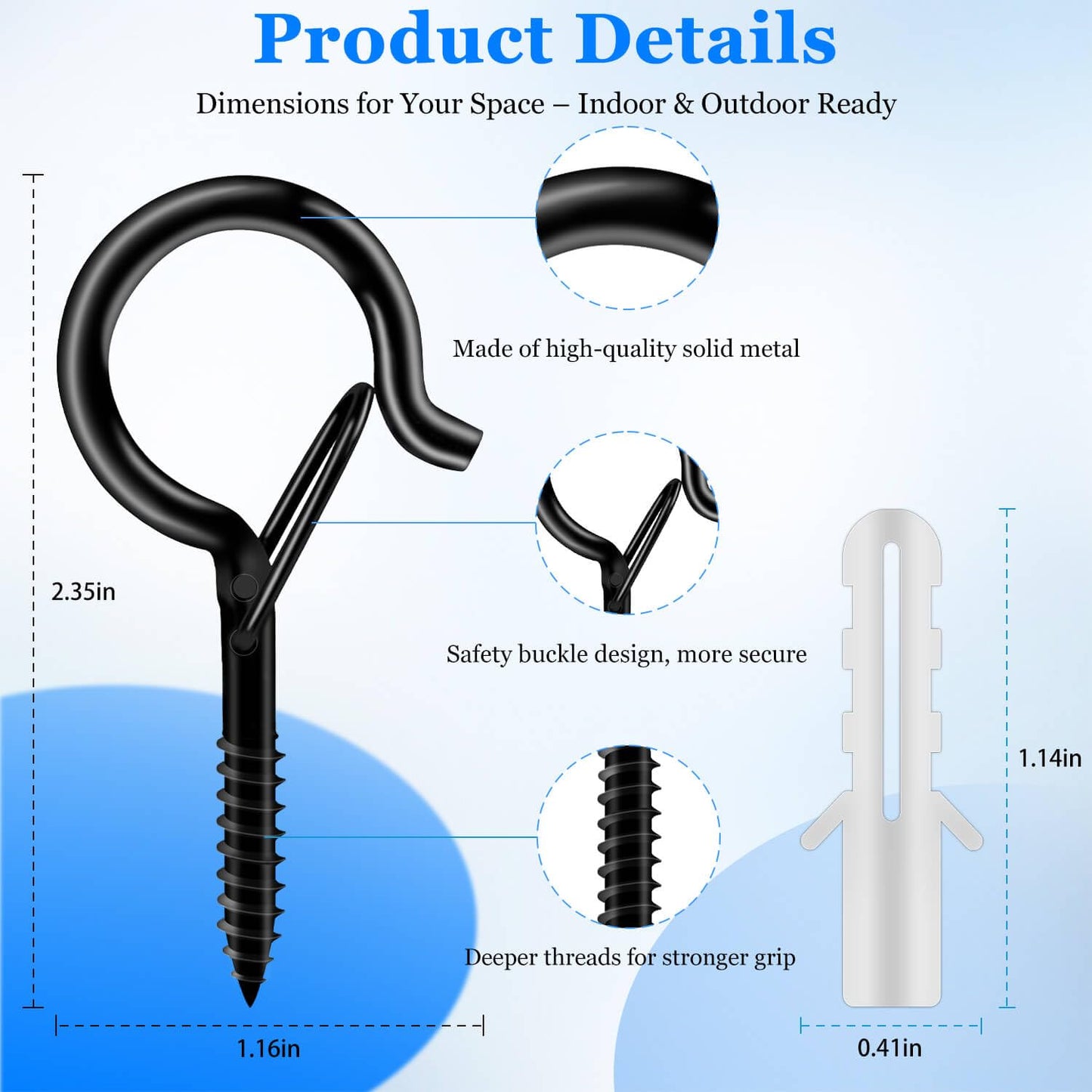 KULOLO 36 Pack Black Screw Hooks with Safety Buckle - 2.3 Inch Rustproof Eye Ceiling Hooks for Hanging Plants,Outdoor String Lights,Baskets,Christmas Lights & Decor,40lb Capacity (36, Black)