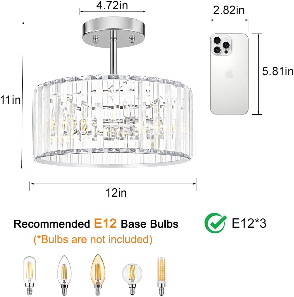 Modern Gold Crystal Ceiling Light Fixture - 11-Inch Semi Flush Mount Chandelier for Kitchen & Entryway