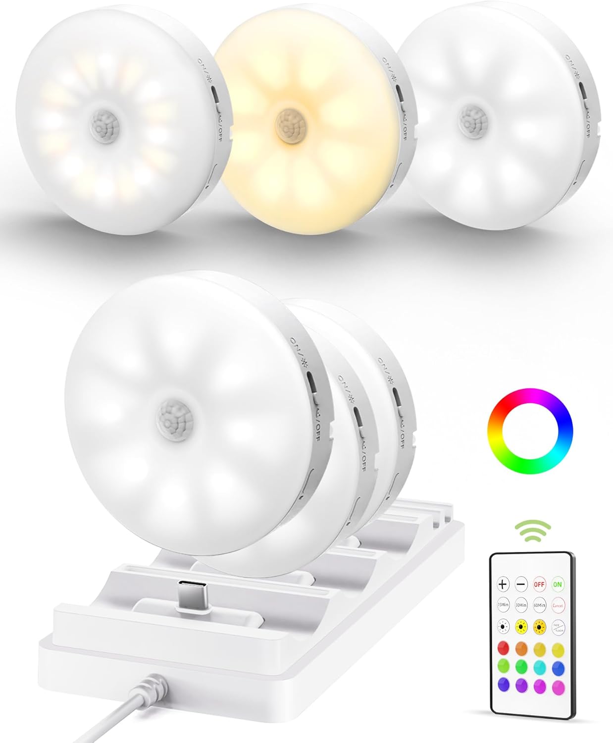 Rechargeable Under Cabinet Puck Lights with Remote - Dimmable RGB & 3 Color Temps (6 Pack)