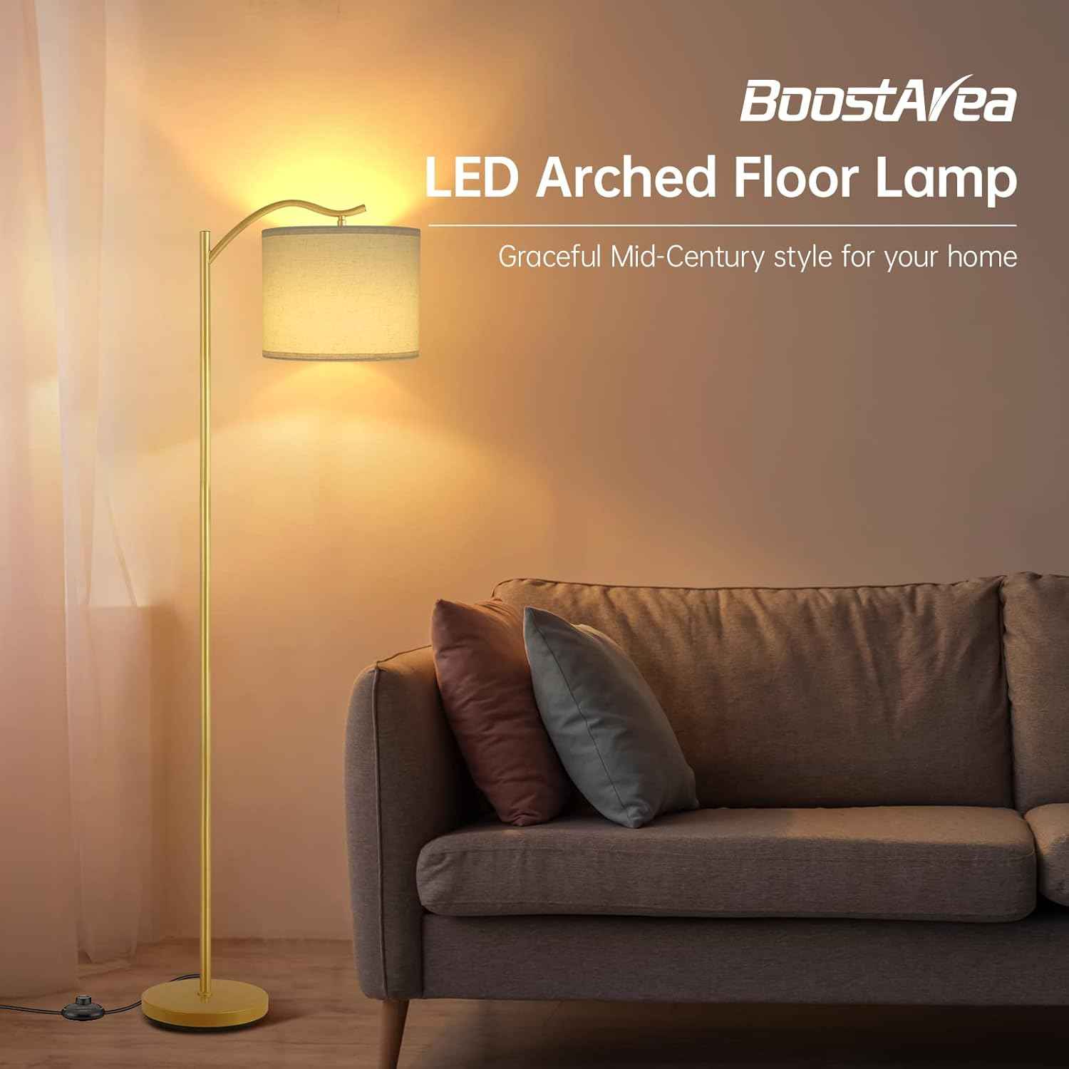Modern LED Floor Lamp with Bohemian Linen Shade – Arched Tall Standing Light for Living Room & Bedroom