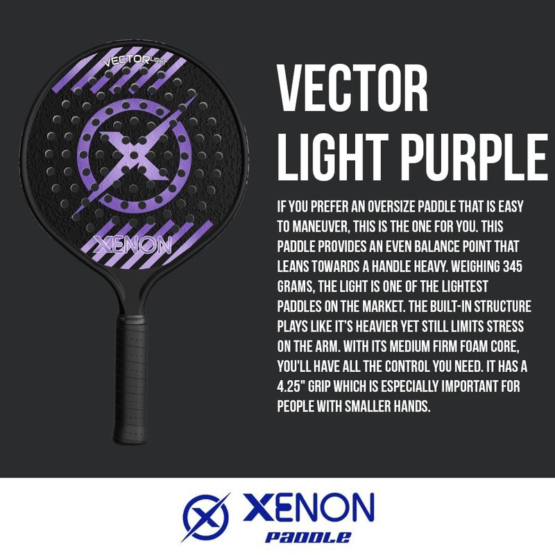Vector Light Platform Tennis Paddle by Xenon Paddle, Oversize Head, Even Balance Point, Handle Weighted, Medium Firmness Foam Core, Power and Control, 4.25” Grip, Purple