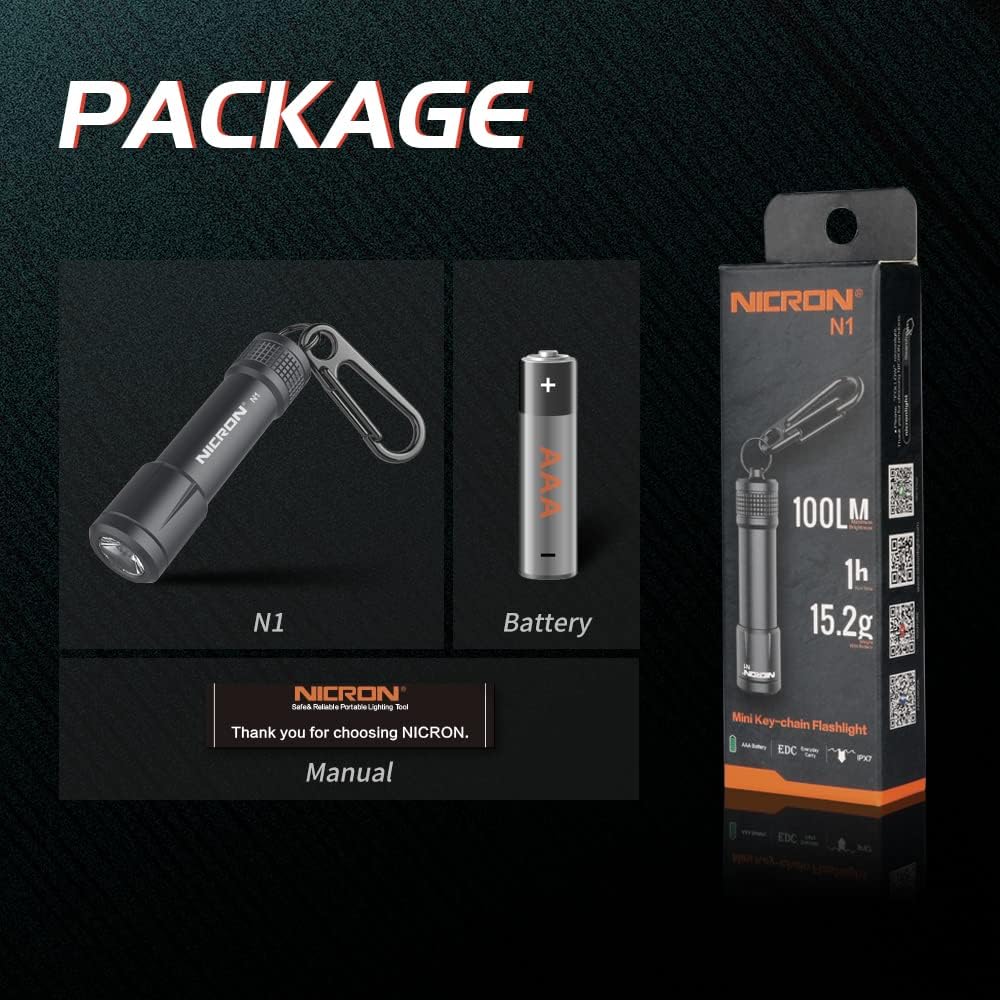 NICRON EDC Keychain Flashlight N1 - Mini LED Light | IPX7 Waterproof, Portable Design for Outdoor Use (Grey)