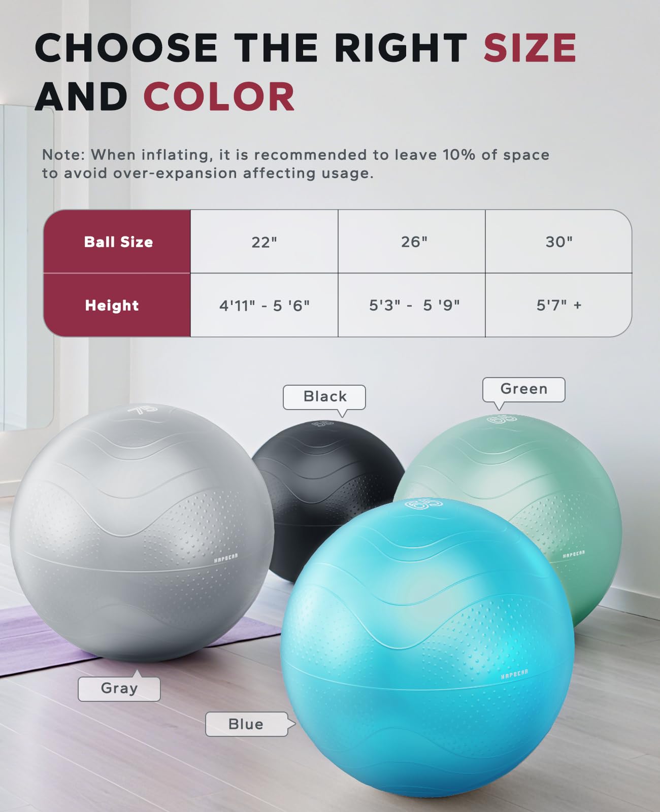 HAPBEAR Exercise Ball - Anti-Burst Slip-Resistant Yoga/Pilates Ball for Core Training & Posture Improvement, Home Gym/Rehab/Pregnancy Ball, Quick Pump & 3 Resistance Bands Included