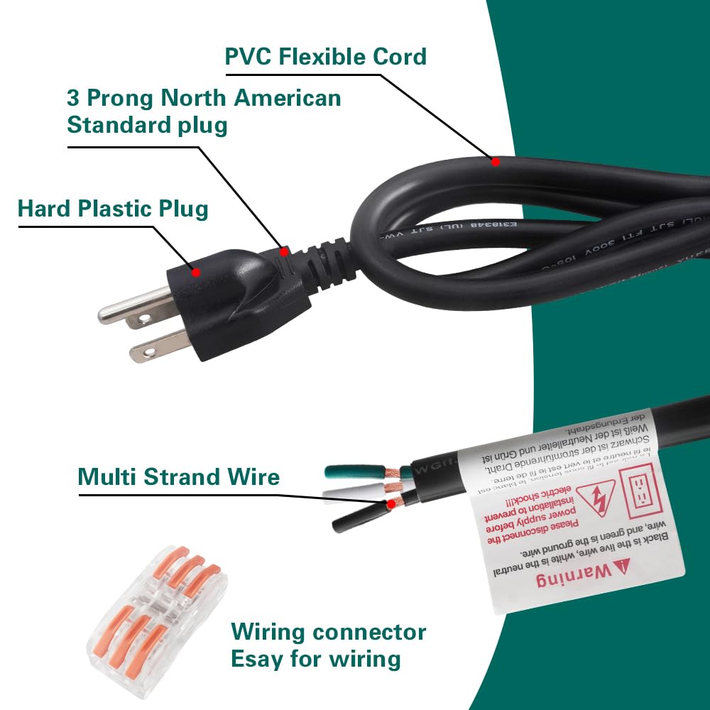 Asjeumt 6 ft 3 Prong Power Cord Replacement, 16 AWG Appliance Power Cord, 110V 120 Volt AC 16/3 Wire SJT 16 Gauge Plug Pigtail Cable, Repairing Replace Tool Dryer Dishwasher Electrical Cord - Black