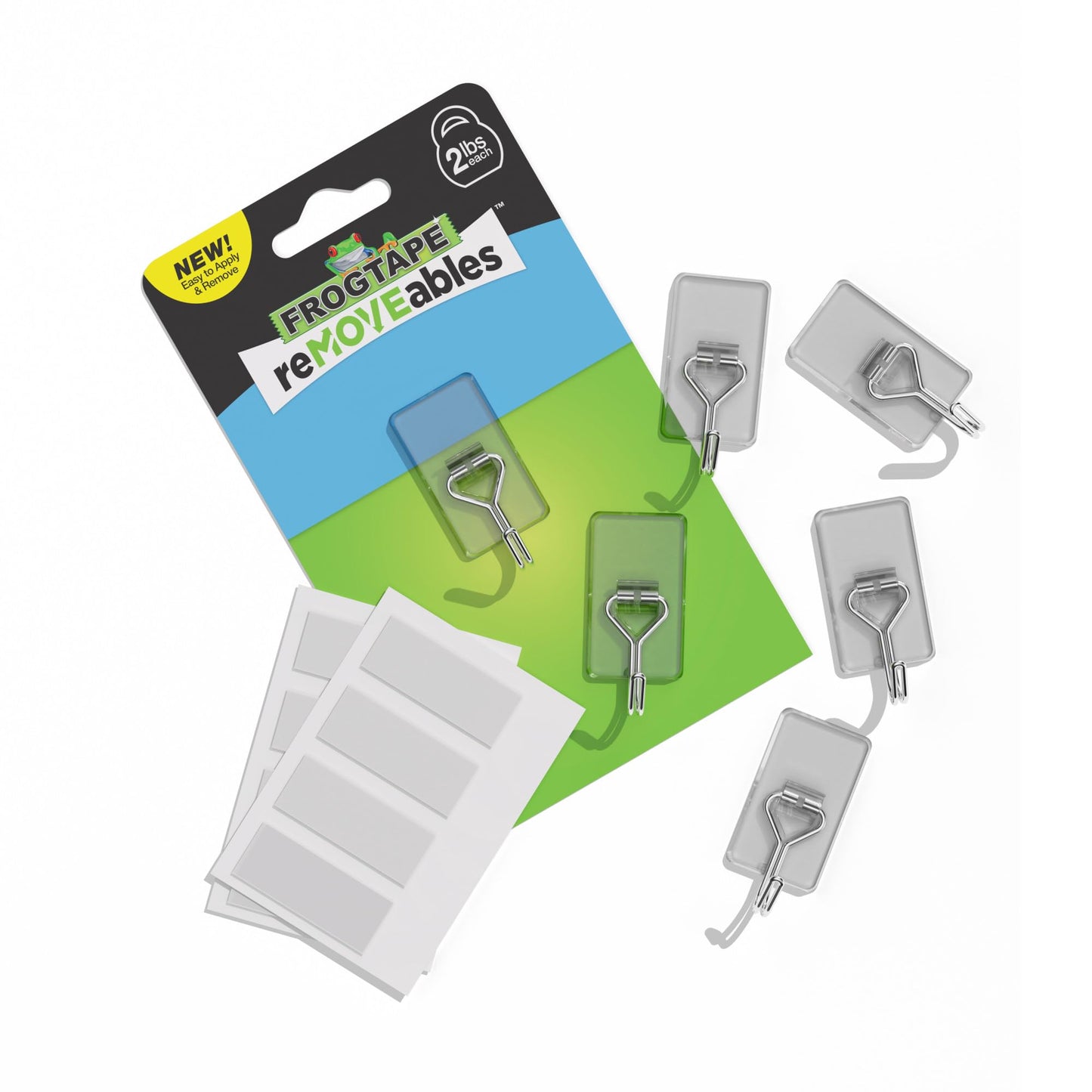 FrogTape reMOVEables Damage Free Adhesive Hook - Removable & Reusable Medium Wire Wall Hooks for Hanging - No Nails- Includes 6 Hooks & 8 Adhesive Strips, Holds up to 2 lbs, Clear (Pack of 6)