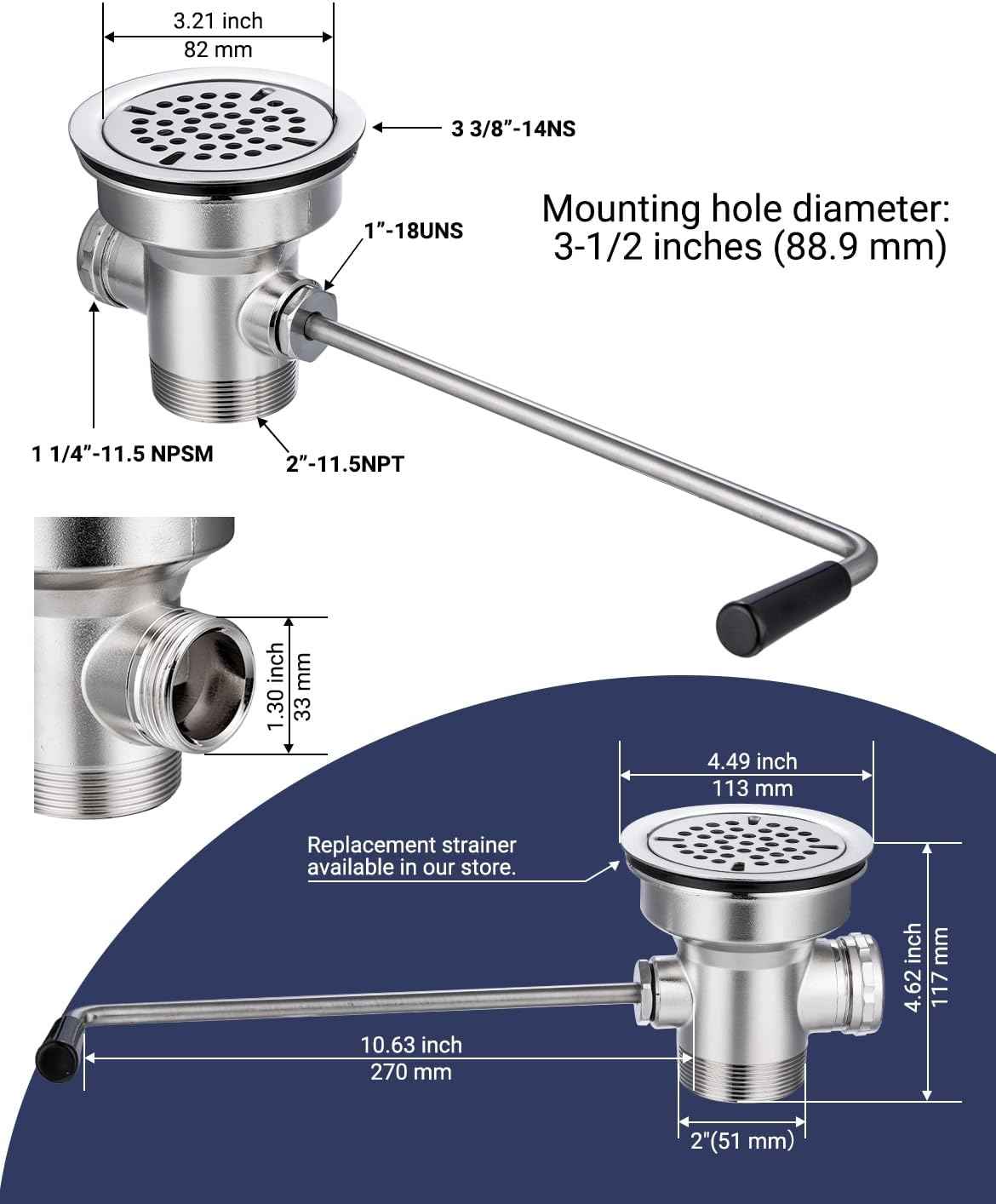3.5-Inch Commercial Sink Drain with Twist Lever Handle & Overflow Inlet – Leakproof Waste Valve for 2/3 Compartment Restaurant Sinks
