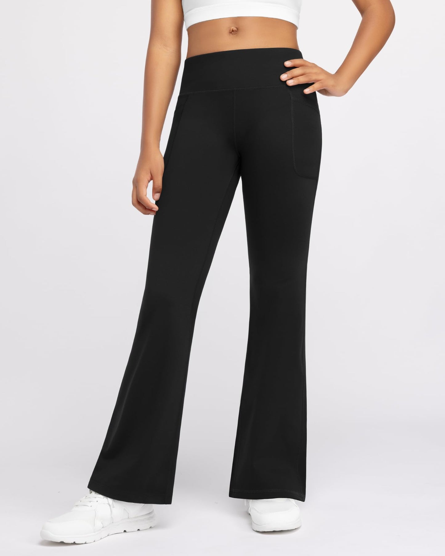 Stelle Girls Fleece Lined Flare Leggings Kids Bell Bottom with Pockets Warm Winter Athletic Yoga Pants (Black,XL)