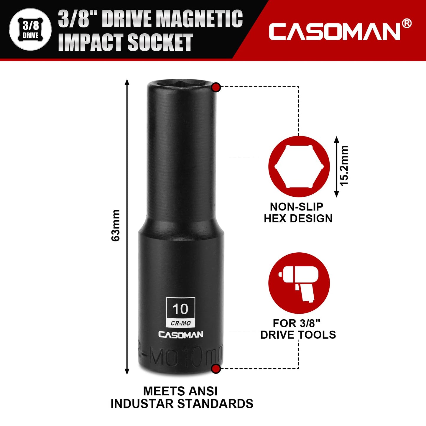 CASOMAN 3/8" Drive 10mm Deep Magnetic Impact Socket, Metric, 6-Point, CR-MO with Black Phosphate Finish