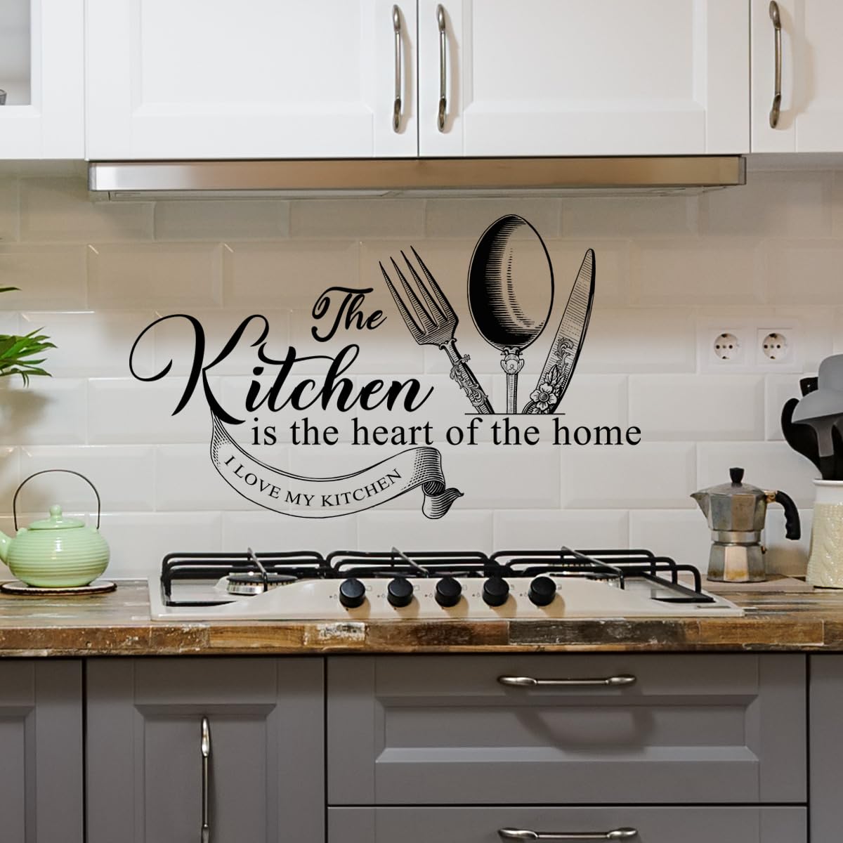 Runtoo Kitchen is The Heart of The Home Wall Sticker Fork and Knife Black Lettering Quotes Saying Wall Decals Kitchen Dining Room Restaurant Wall Decor
