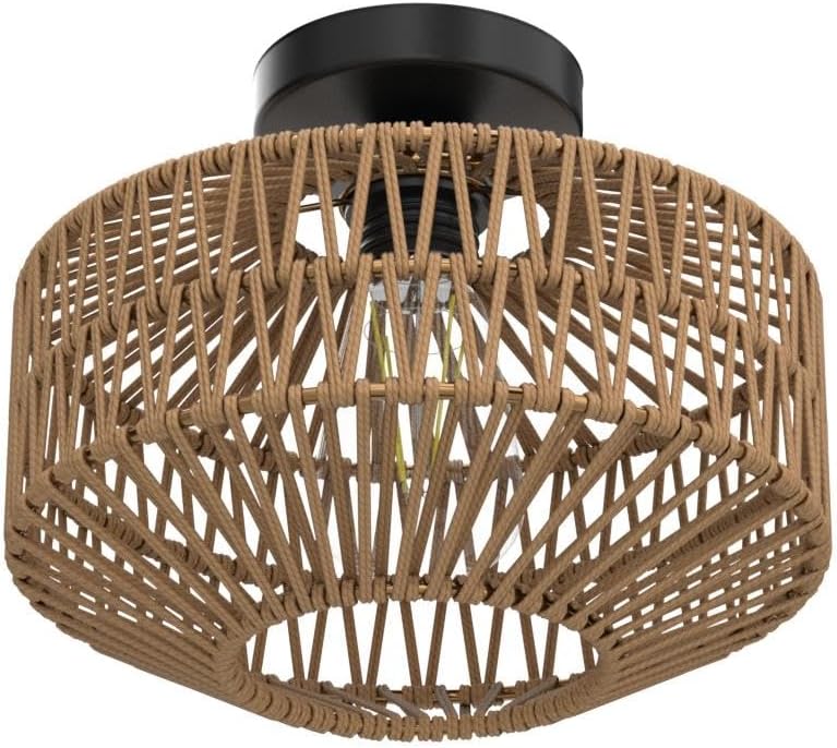 Boho Rattan Chandelier Ceiling Light Fixture with Dimmable LED Bulb - Hand Woven Flush Mount for Hallway, Bedroom, Kitchen & Living Room