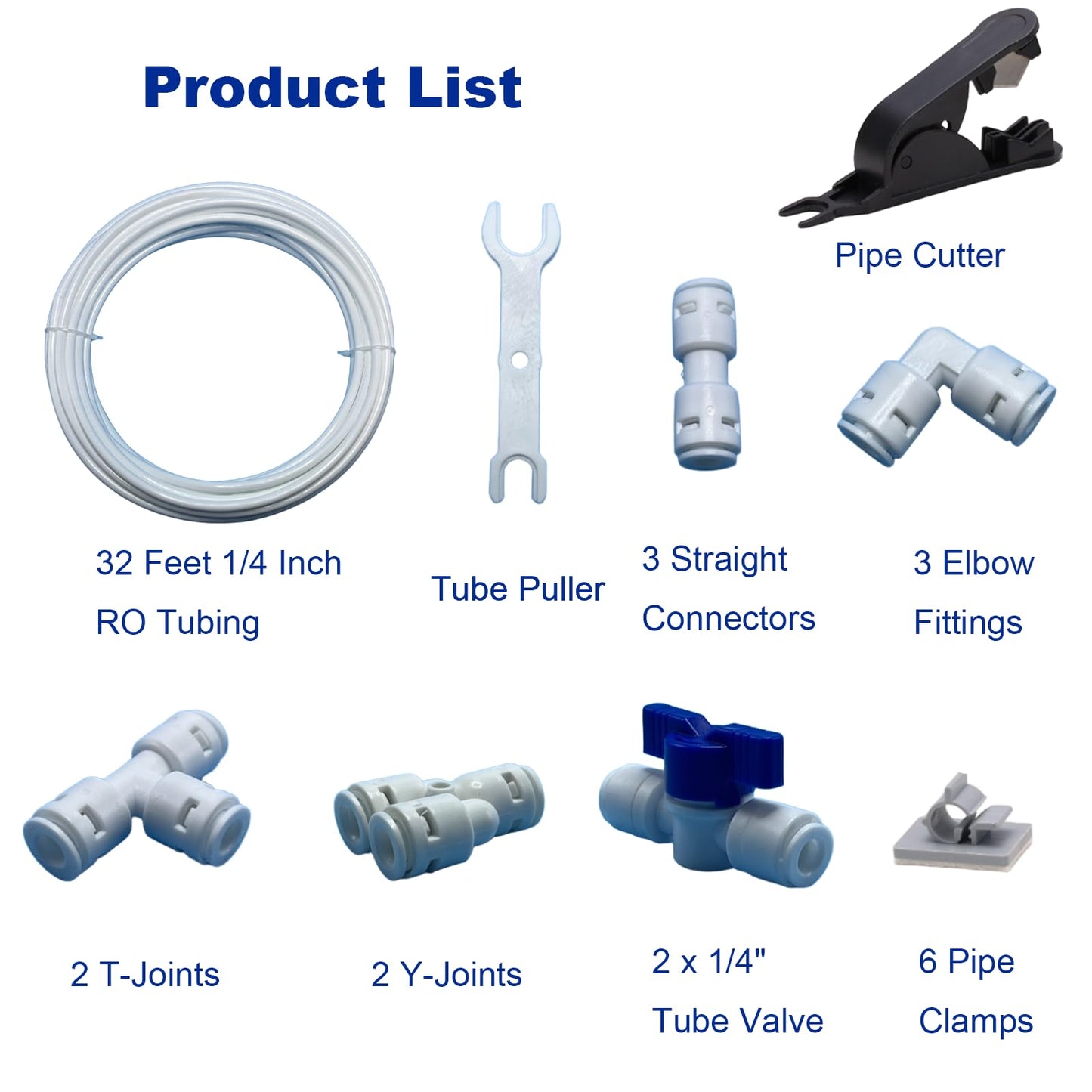 32ft RO Tubing Kit (20-Piece): 1/4" O.D. RO Water Line + Quick Connect Fittings (Valves, Elbow/Tee Couplings, Clip, Tool) for Water Purifier/Refrigerator System