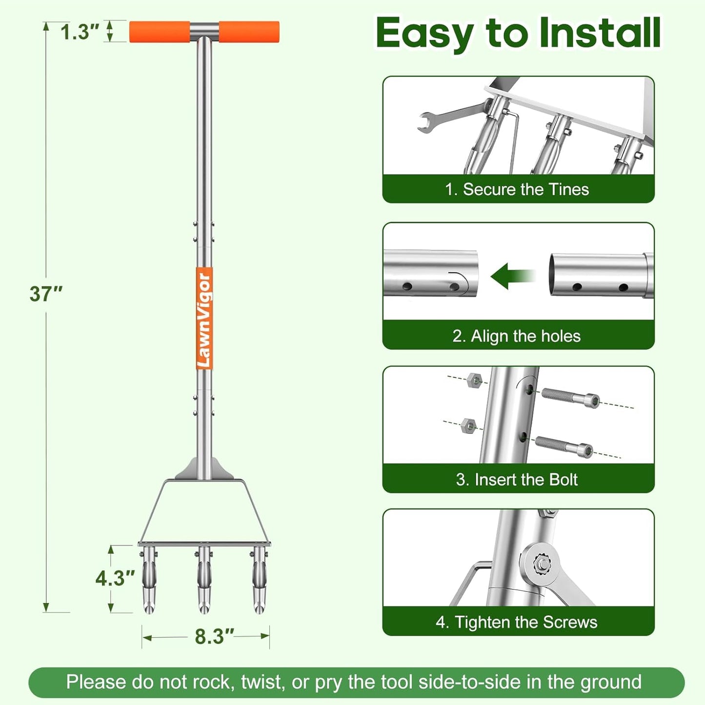 Manual Lawn Aerator Tool with 3 Hollow Tines - Semi-Assembled Grass Aeration for Compacted Soil - Orange