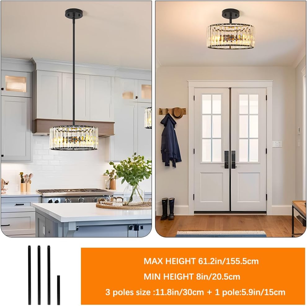 Modern Gold Crystal Ceiling Light Fixture - 11-Inch Semi Flush Mount Chandelier for Kitchen & Entryway