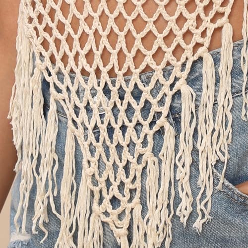ToRhine Women's Summer Crochet Tank Top with Tassels - Beach Boho Style, Beige, Size 2-10