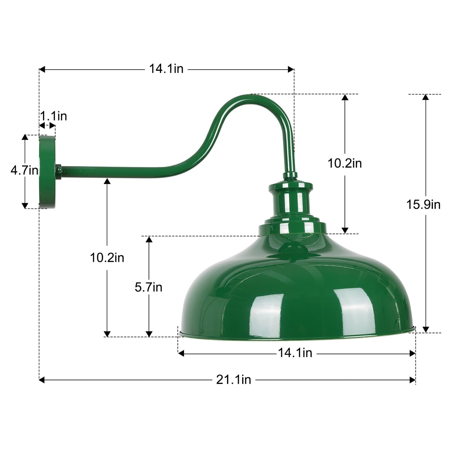 Diyel Outdoor Gooseneck Barn Light, 14 Inch Dome Rustic Outdoor Wall Sconce, Farmhouse Exterior Wall Mount Lighting Fixture, Industrial Green Wall Lantern for Porch, Entryway, Garage, RZ007M GR+WH