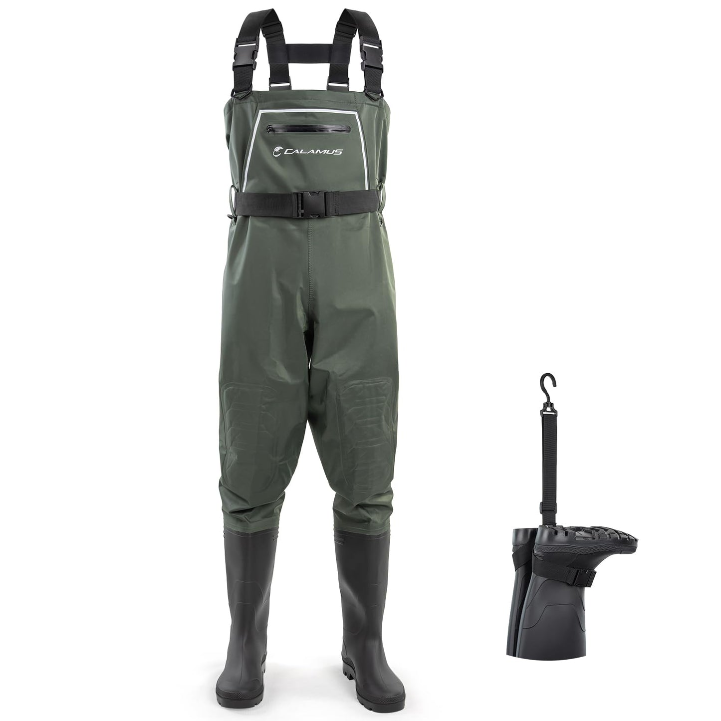 Calamus WaveWalker Fishing Waders for Men & Women, 100% Waterproof PVC Chest Waders with Slip-Resistant Boots, Tear-Resistant Nylon, Ample Storage, Wader Hanger, Military Green, 11