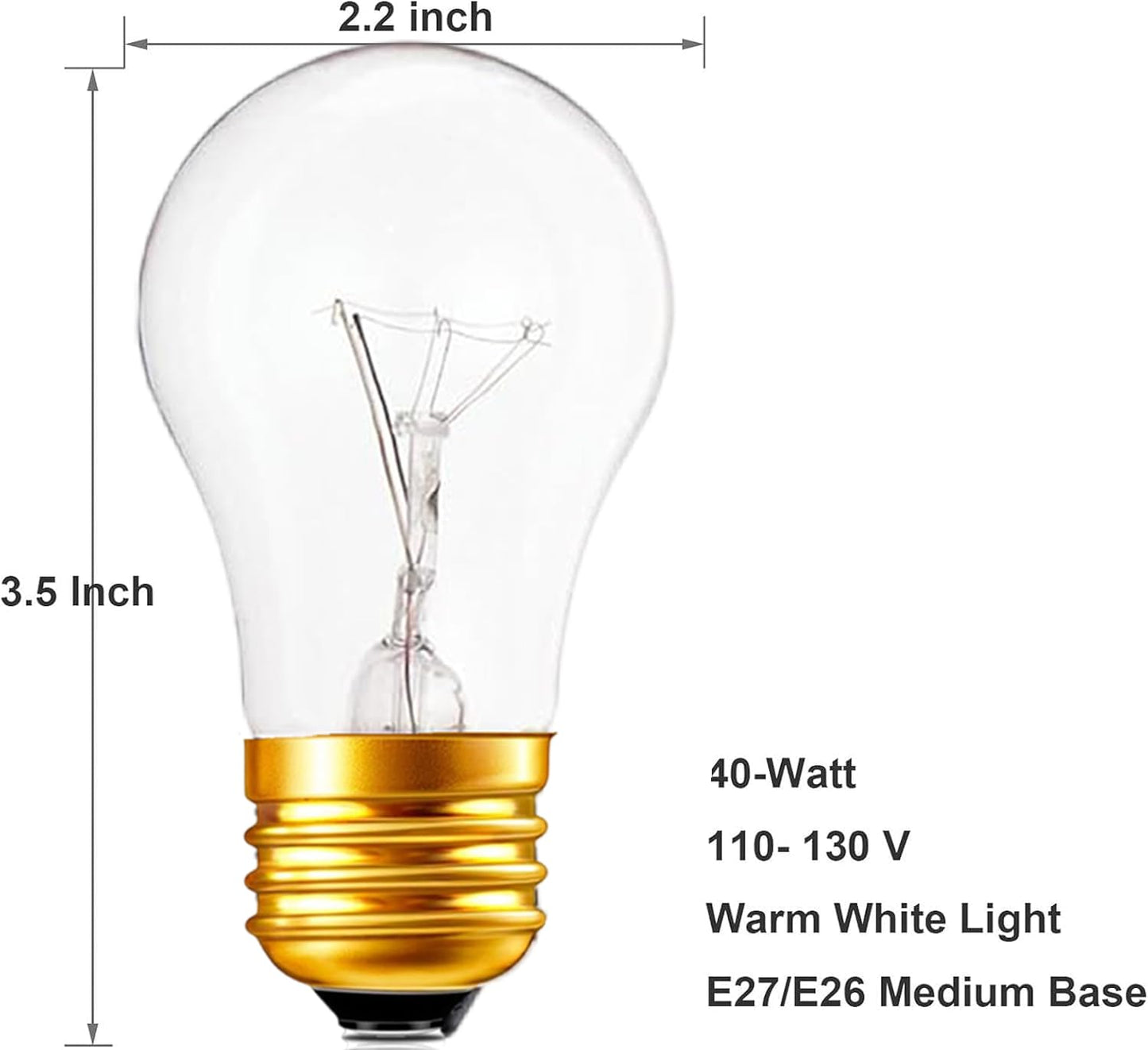 Eclolumi Light Bulb A15 40W Incandescent Mini-Standard Shape with E26 Standard Medium Screw Base for Refrigerators, Ovens, 110V, Dimmable, 2700K Warm White (A15-6p)